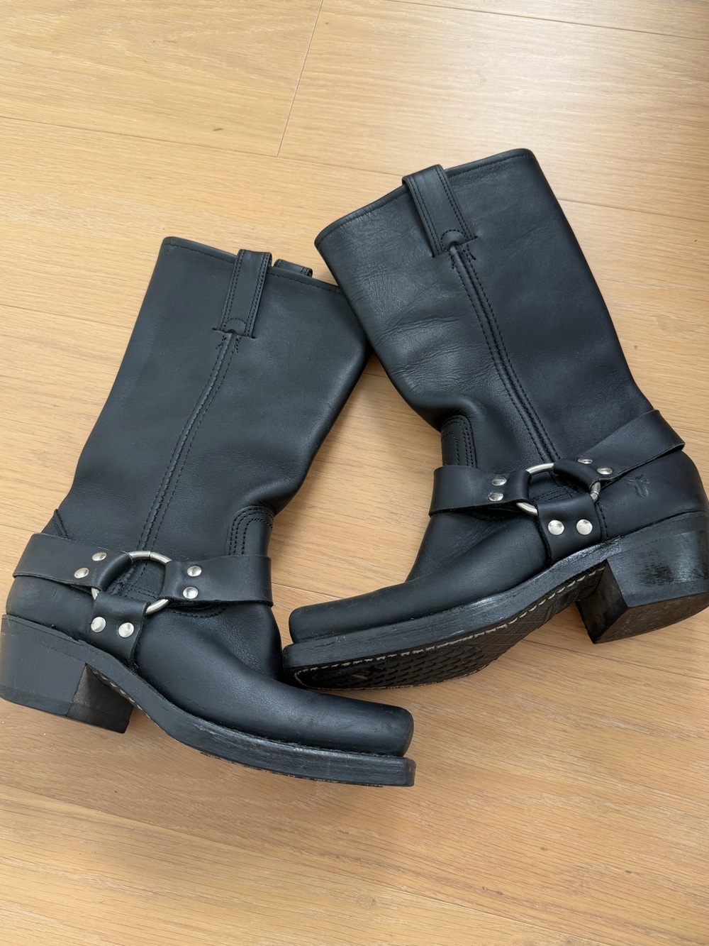 Frye Black Leather Harness Boots